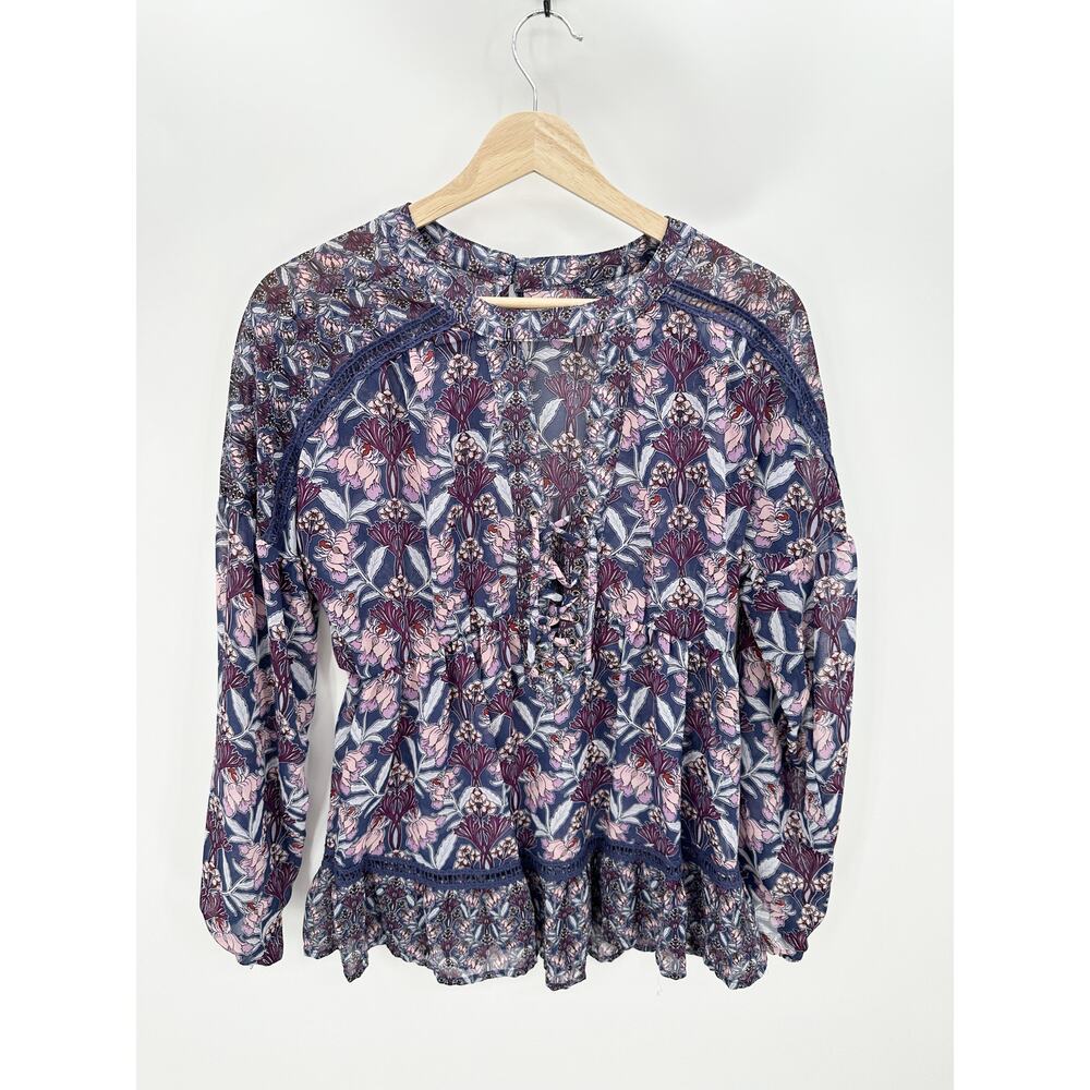 Taylor & Sage Purple Floral Long Sleeve Blouse‎ Cut Out Tie Front Women M